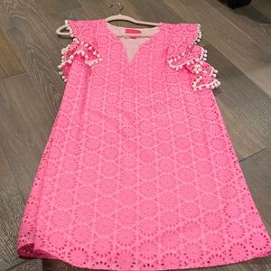 Excellent condition Lilly Pulitzer size M neon pink eyelet dress with Pom poms